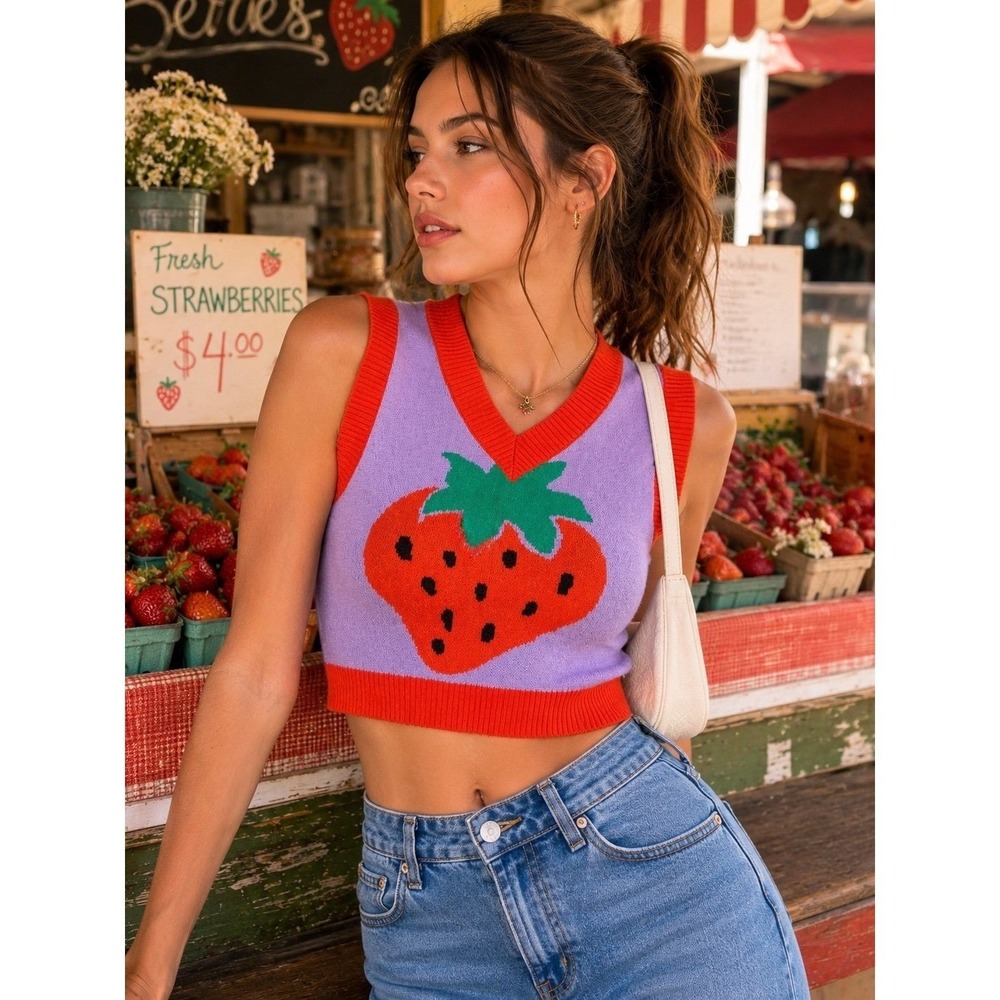 Urban Outfitters Strawberry Crop Sweater Vest Purple Orange Size Small